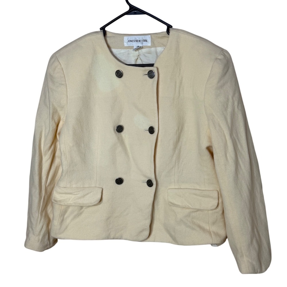 Jones New York Vintage 100% Wool Double Breasted Jacket Yellow Cream Size 14 USA
